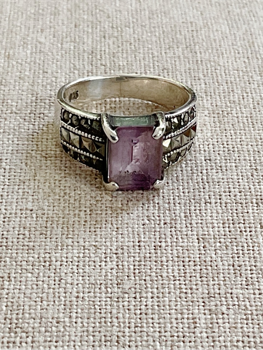 Vintage 925 Sterling Silver Amethyst Marcasite Ring Size 6 Art Deco Style - Picture 7 of 14